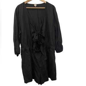 Loft Beach Romper XXL Black 100% Linen Pockets Cover Up Tie Front Elastic Waist
